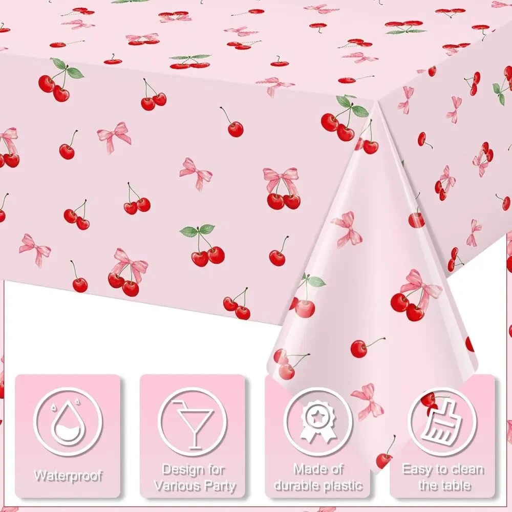 3Pcs Cherry & Bow Birthday Tablecloths 54x108 Disposable Plastic Party Cover